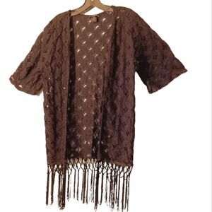 Black Fringe Open Front Crochet Cardigan Cover Up